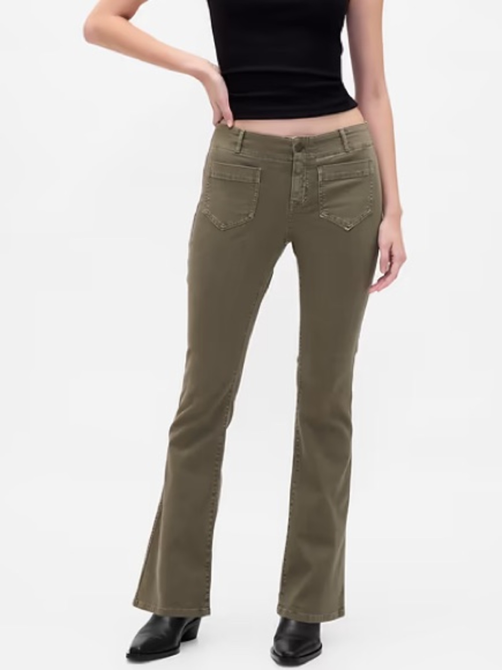 GAP Low Rise Twill Long & Lean Black Moss Green Boot Cut Pants Olive NEW